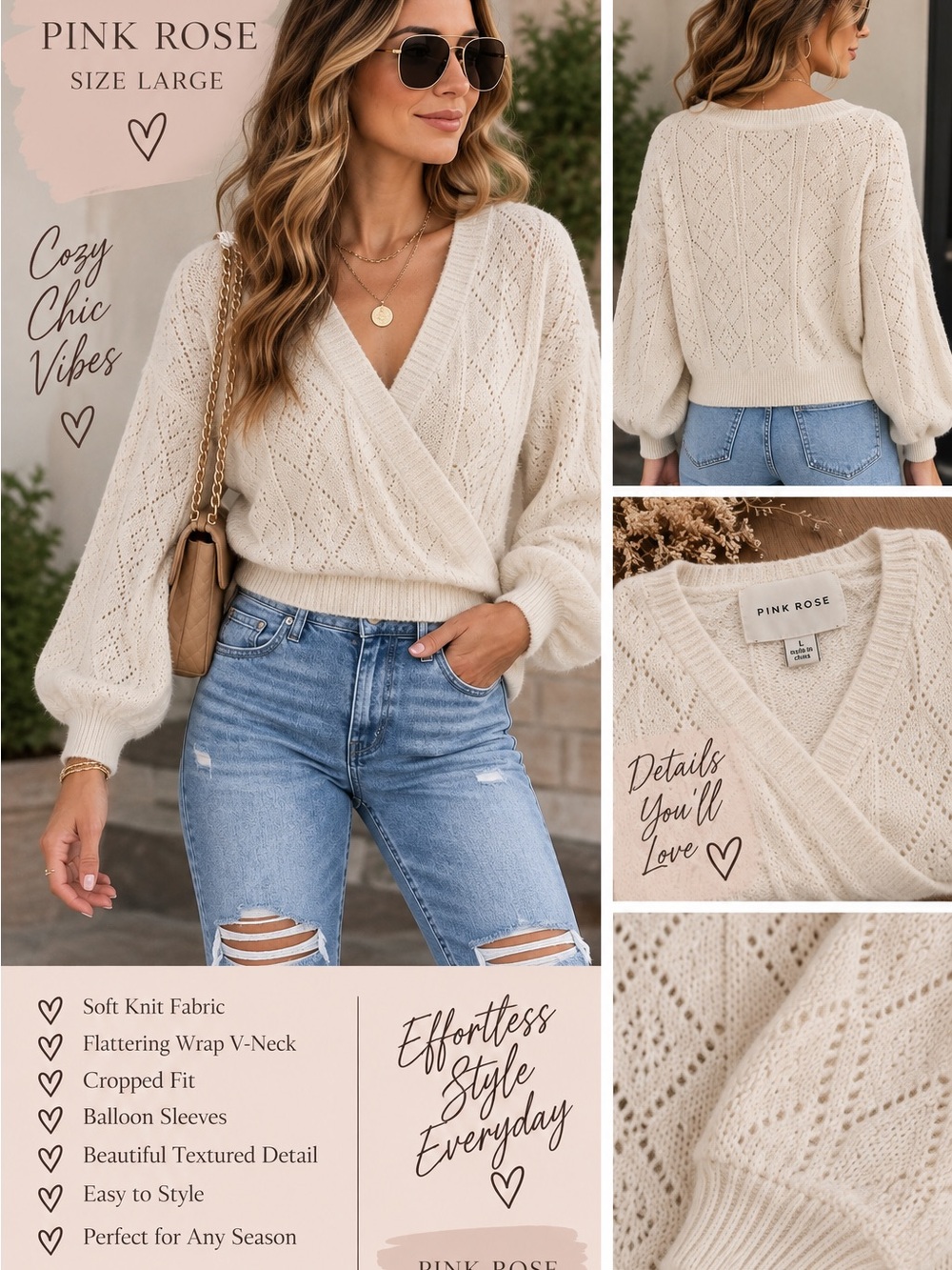 Pink Rose Cream Wrap V-Neck Textured Balloon Sleeve Sweater